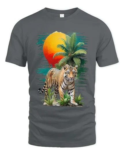Tropical Tiger Sunset Graphic T Shirt Wild Jungle Nature Art - gray t-shirt on white background
