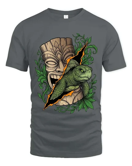 Tribal Turtle Tiki Mask Graphic T Shirt Island Nature Art - gray t-shirt on white background