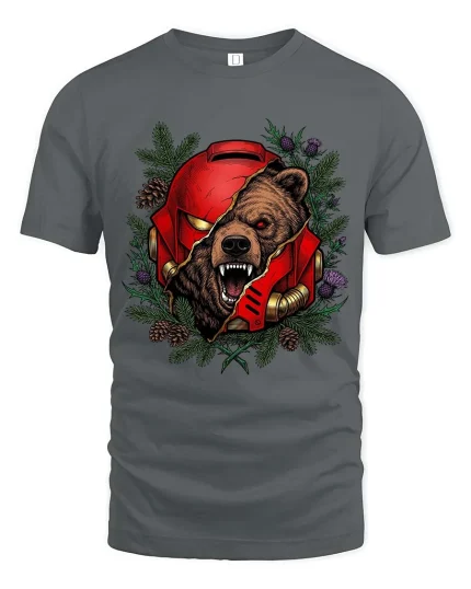 Fierce Bear Helmet Graphic T Shirt Wild Animal Warrior Art - gray t-shirt on white background