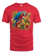 Colorful Parrot Fruit Graphic T Shirt Tropical Nature Art Style - red t-shirt on white background