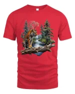 Majestic Tiger Forest River Graphic T Shirt Wildlife Nature Art - red t-shirt on white background