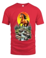 Majestic Horse Sunset River Graphic T Shirt Nature Landscape Art - red t-shirt on white background