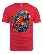 Colorful Parrot Floral Graphic T Shirt Tropical Bird Art Style - red t-shirt on white background