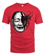 Creepy Split Face Monster Graphic T Shirt Dark Horror Art - red t-shirt on white background
