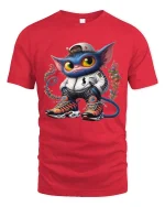 Cool Streetwear Cat Character Graphic T Shirt Urban Cartoon Style - red t-shirt on white background