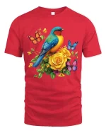 Colorful Bird And Butterfly Floral Graphic T Shirt Nature Art - red t-shirt on white background