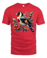 Colorful Songbird Berry Branch Graphic T Shirt Nature Art - red t-shirt on white background