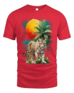 Tropical Tiger Sunset Graphic T Shirt Wild Jungle Nature Art - red t-shirt on white background
