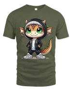 Cute Dragon Streetwear Graphic T Shirt Funny Cartoon Style - military green t-shirt on white background