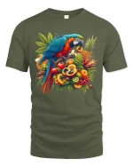 Colorful Parrot Fruit Graphic T Shirt Tropical Nature Art Style - military green t-shirt on white background