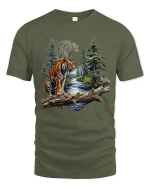 Majestic Tiger Forest River Graphic T Shirt Wildlife Nature Art - military green t-shirt on white background