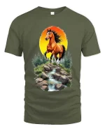 Majestic Horse Sunset River Graphic T Shirt Nature Landscape Art - military green t-shirt on white background