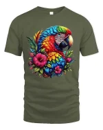 Colorful Parrot Floral Graphic T Shirt Tropical Bird Art Style - military green t-shirt on white background