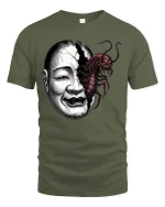 Creepy Split Face Monster Graphic T Shirt Dark Horror Art - military green t-shirt on white background