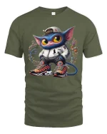 Cool Streetwear Cat Character Graphic T Shirt Urban Cartoon Style - military green t-shirt on white background