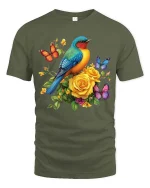 Colorful Bird And Butterfly Floral Graphic T Shirt Nature Art - military green t-shirt on white background