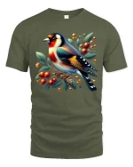 Colorful Songbird Berry Branch Graphic T Shirt Nature Art - military green t-shirt on white background