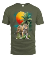 Tropical Tiger Sunset Graphic T Shirt Wild Jungle Nature Art - military green t-shirt on white background