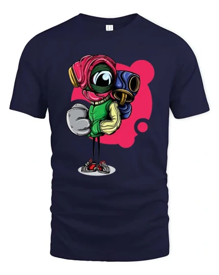 Funny Boxer Robot Cartoon Graphic T Shirt Street Style Art - navy t-shirt on white background