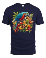 Colorful Parrot Fruit Graphic T Shirt Tropical Nature Art Style - navy t-shirt on white background