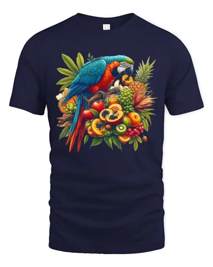 Colorful Parrot Fruit Graphic T Shirt Tropical Nature Art Style - navy t-shirt on white background