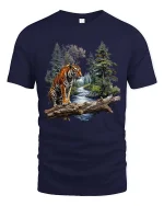 Majestic Tiger Forest River Graphic T Shirt Wildlife Nature Art - navy t-shirt on white background