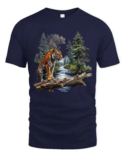 Majestic Tiger Forest River Graphic T Shirt Wildlife Nature Art - navy t-shirt on white background