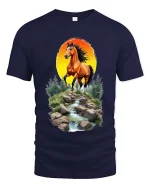 Majestic Horse Sunset River Graphic T Shirt Nature Landscape Art - navy t-shirt on white background