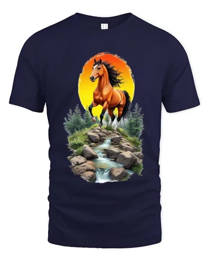 Majestic Horse Sunset River Graphic T Shirt Nature Landscape Art - navy t-shirt on white background