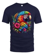 Colorful Parrot Floral Graphic T Shirt Tropical Bird Art Style - navy t-shirt on white background
