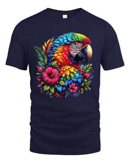 Colorful Parrot Floral Graphic T Shirt Tropical Bird Art Style - navy t-shirt on white background