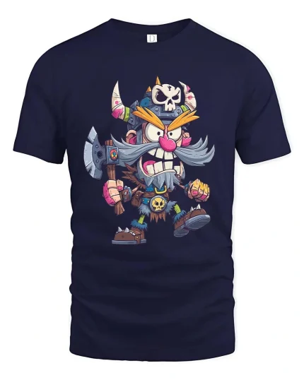 Funny Viking Cartoon Warrior Graphic T Shirt Cool Norse Style - navy t-shirt on white background