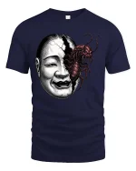 Creepy Split Face Monster Graphic T Shirt Dark Horror Art - navy t-shirt on white background