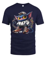 Cool Streetwear Cat Character Graphic T Shirt Urban Cartoon Style - navy t-shirt on white background