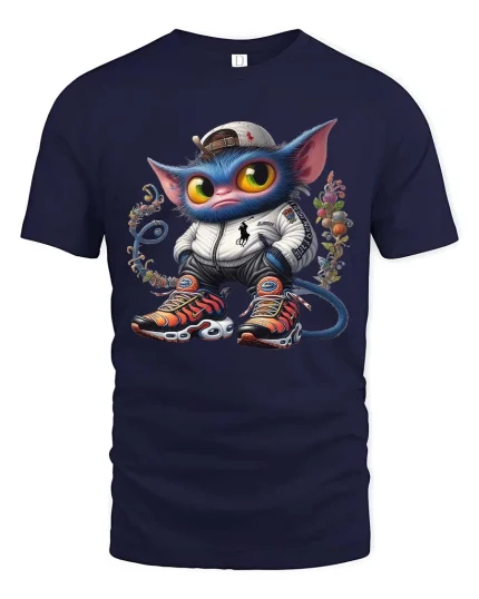 Cool Streetwear Cat Character Graphic T Shirt Urban Cartoon Style - navy t-shirt on white background