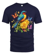 Colorful Bird And Butterfly Floral Graphic T Shirt Nature Art - navy t-shirt on white background