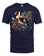 Colorful Songbird Berry Branch Graphic T Shirt Nature Art - navy t-shirt on white background