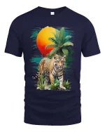 Tropical Tiger Sunset Graphic T Shirt Wild Jungle Nature Art - navy t-shirt on white background