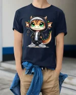 Cute Dragon Streetwear Graphic T Shirt Funny Cartoon Style - model wearing navy tee with hands in pockets