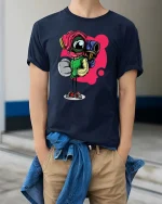 Funny Boxer Robot Cartoon Graphic T Shirt Street Style Art - model wearing navy tee with hands in pockets