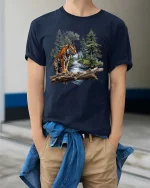 Majestic Tiger Forest River Graphic T Shirt Wildlife Nature Art - model wearing navy tee with hands in pockets