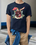 Funny Gangster Bunny Money Graphic T Shirt Street Style Art - model wearing navy tee with hands in pockets