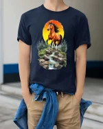 Majestic Horse Sunset River Graphic T Shirt Nature Landscape Art - model wearing navy tee with hands in pockets