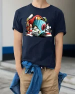 Urban Graffiti Spray Can Character Graphic T Shirt Street Art - model wearing navy tee with hands in pockets