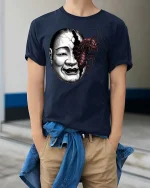 Creepy Split Face Monster Graphic T Shirt Dark Horror Art - model wearing navy tee with hands in pockets