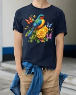 Colorful Bird And Butterfly Floral Graphic T Shirt Nature Art - model wearing navy tee with hands in pockets