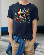 Colorful Songbird Berry Branch Graphic T Shirt Nature Art - model wearing navy tee with hands in pockets