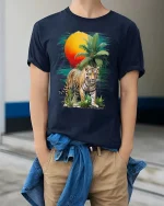 Tropical Tiger Sunset Graphic T Shirt Wild Jungle Nature Art - model wearing navy tee with hands in pockets