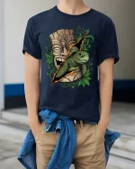 Tribal Turtle Tiki Mask Graphic T Shirt Island Nature Art - model wearing navy tee with hands in pockets