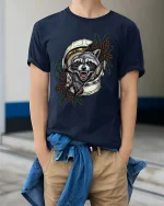 Angry Raccoon Astronaut Graphic T Shirt Space Animal Art - model wearing navy tee with hands in pockets